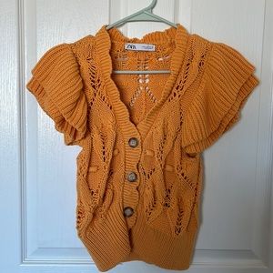 Zara orange knit cardigan ruffle sleeves